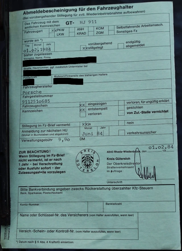 Abmeldebescheinigung 1984