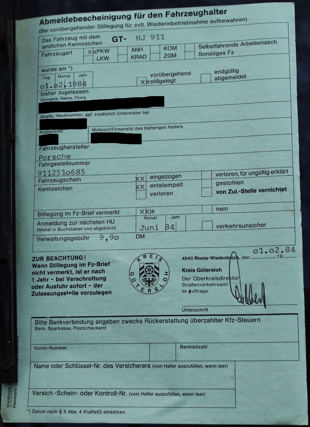 Abmeldebescheinigung 1984